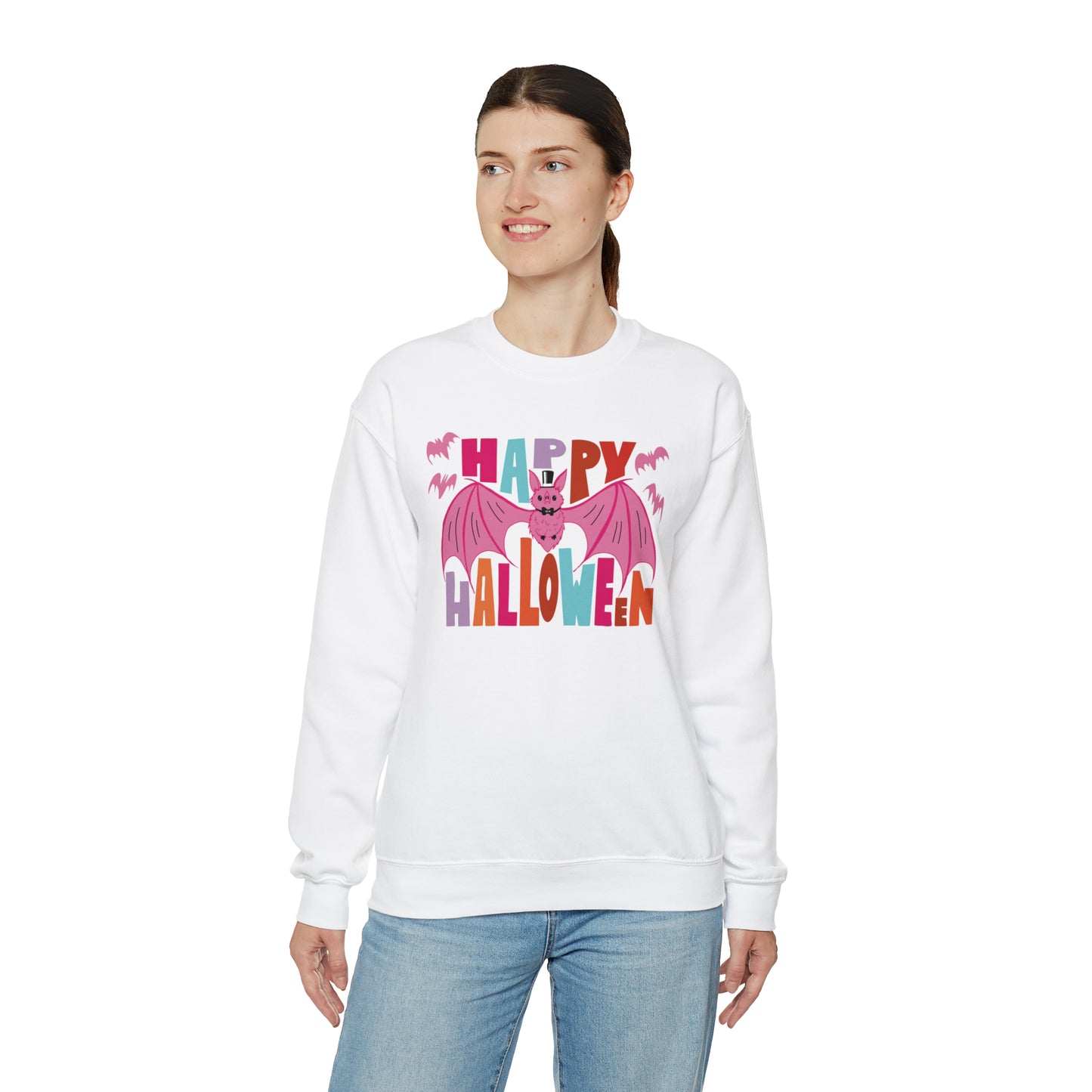 Happy Halloween Crewneck Sweater / Pink Bat Sweatshirt / Pink Halloween Batty Crewneck Sweater
