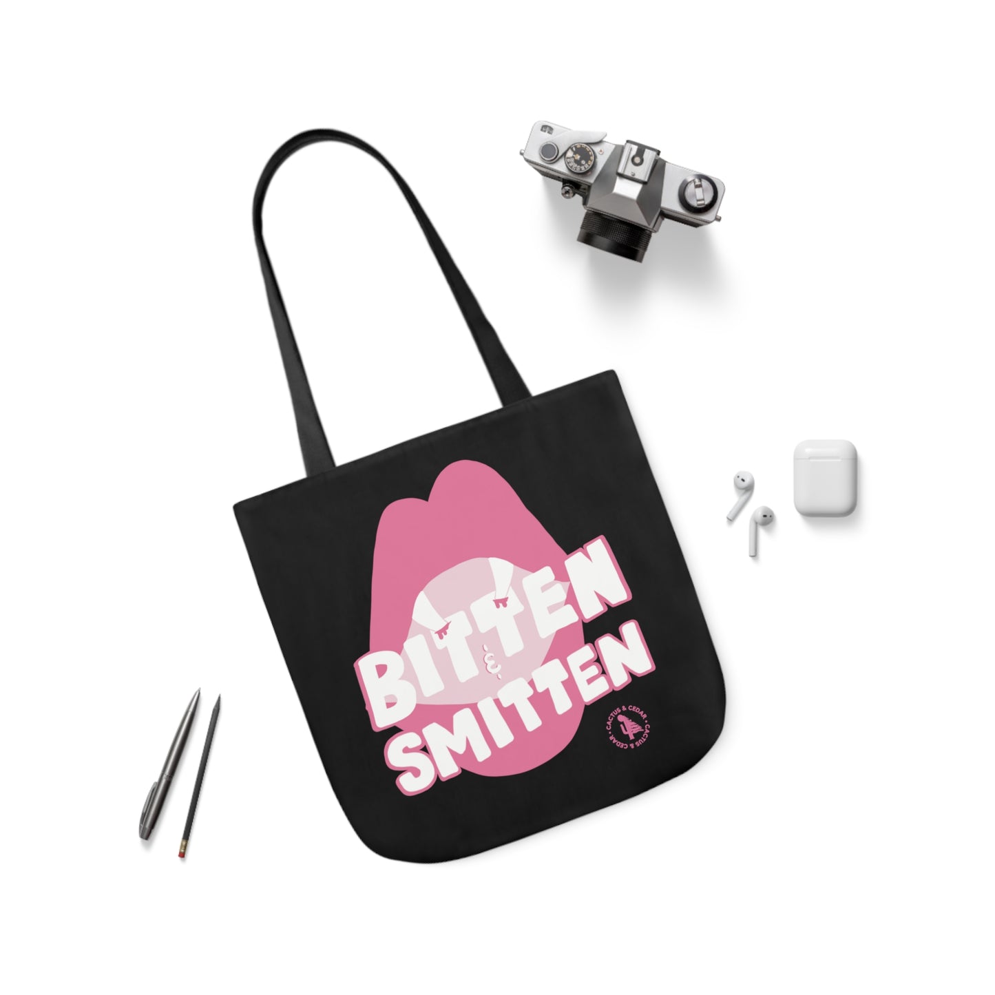 Bitten & Smitten Tote Bag / Pink Vamp Tote Bag / Pink Halloween Tote Bag / Polyester Canvas Tote Bag