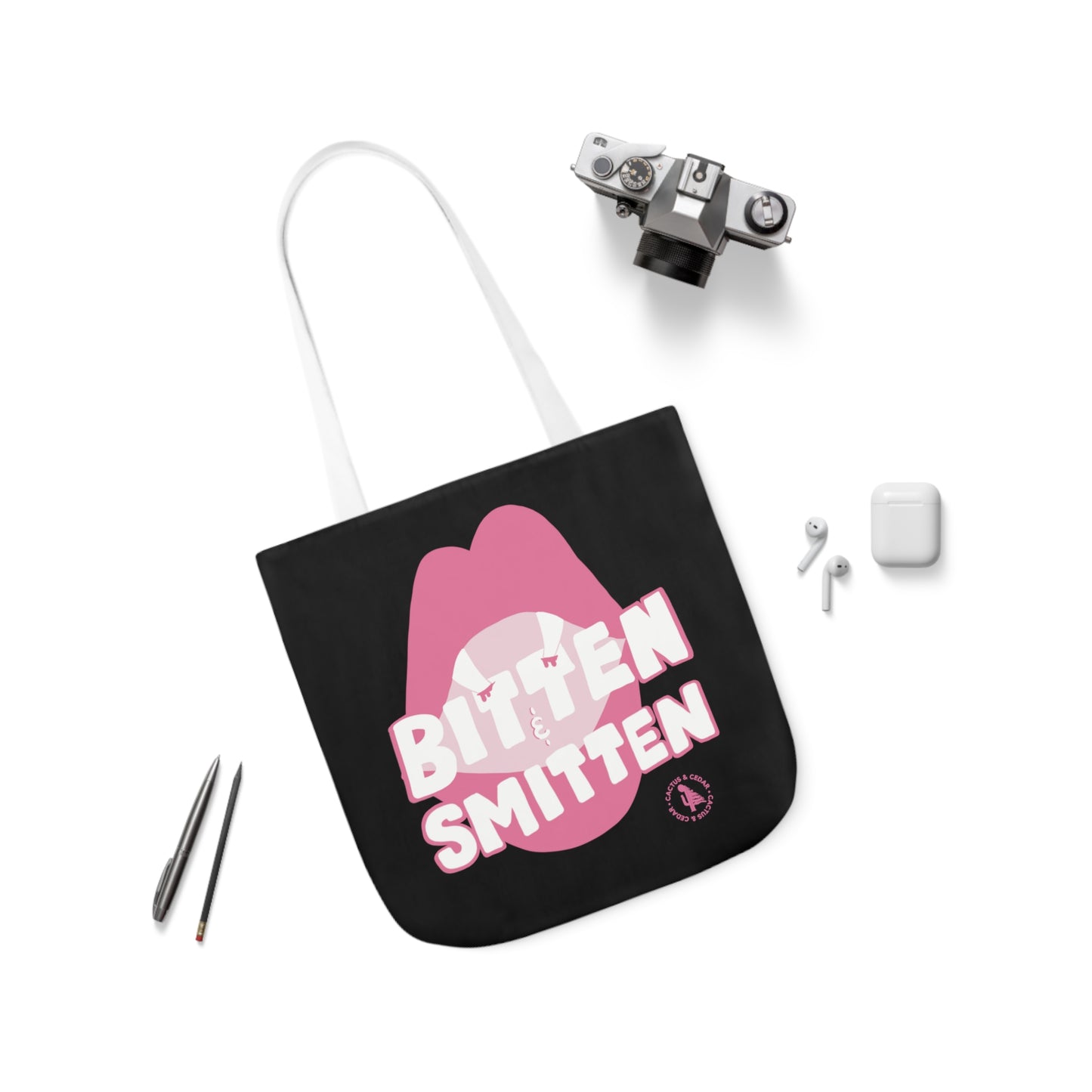 Bitten & Smitten Tote Bag / Pink Vamp Tote Bag / Pink Halloween Tote Bag / Polyester Canvas Tote Bag