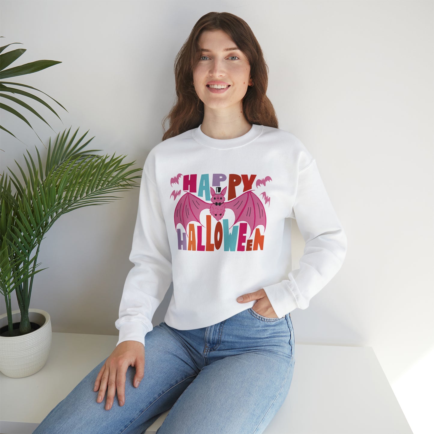 Happy Halloween Crewneck Sweater / Pink Bat Sweatshirt / Pink Halloween Batty Crewneck Sweater