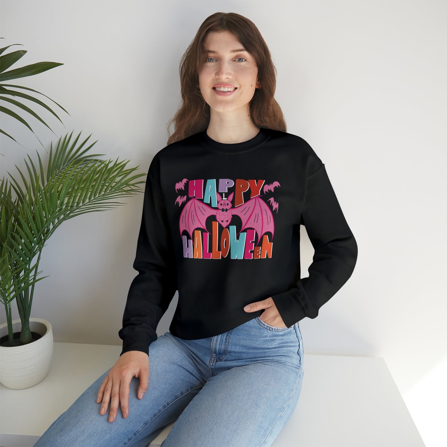 Happy Halloween Crewneck Sweater / Pink Bat Sweatshirt / Pink Halloween Batty Crewneck Sweater