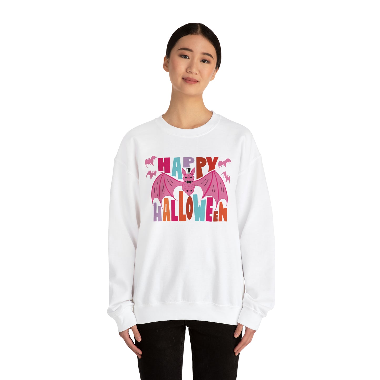 Happy Halloween Crewneck Sweater / Pink Bat Sweatshirt / Pink Halloween Batty Crewneck Sweater