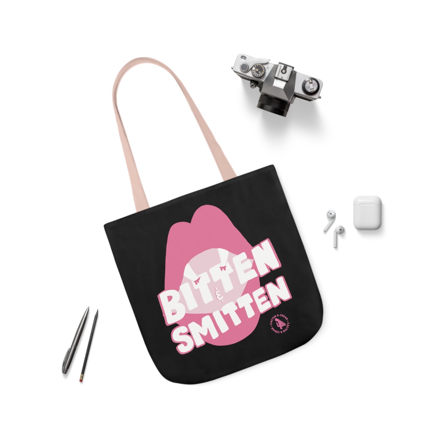 Bitten & Smitten Tote Bag / Pink Vamp Tote Bag / Pink Halloween Tote Bag / Polyester Canvas Tote Bag