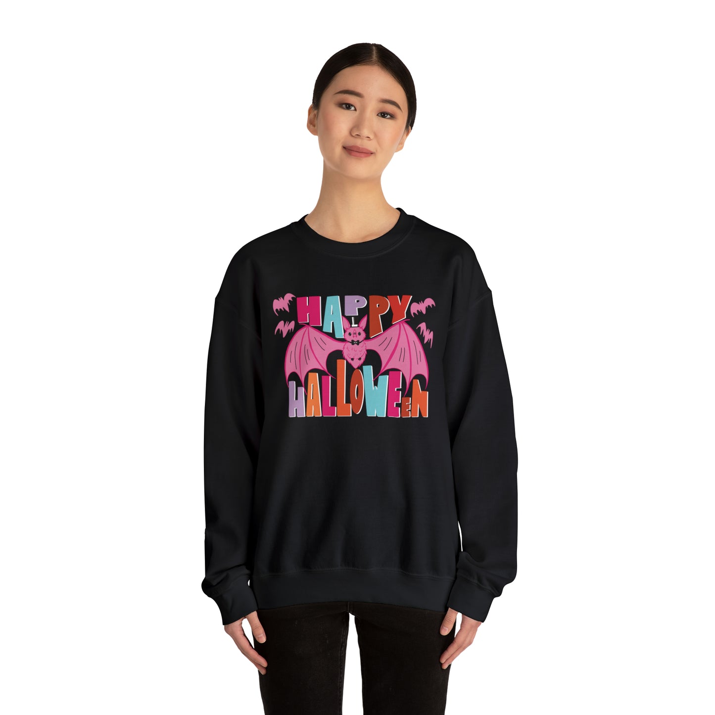 Happy Halloween Crewneck Sweater / Pink Bat Sweatshirt / Pink Halloween Batty Crewneck Sweater