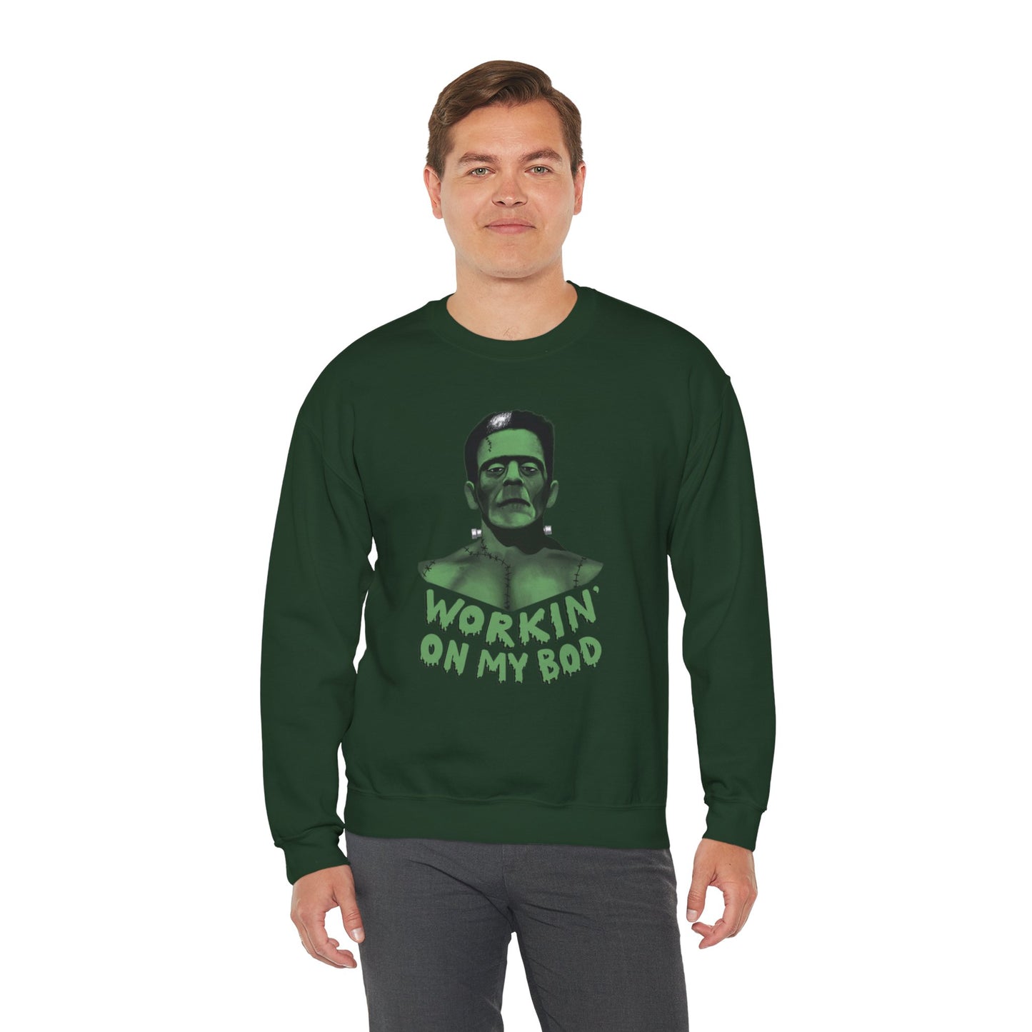 Frankie Crewneck Sweater / Workin' On My Bod Sweater / Halloween Sweaters / Frankenstein Sweatshirt