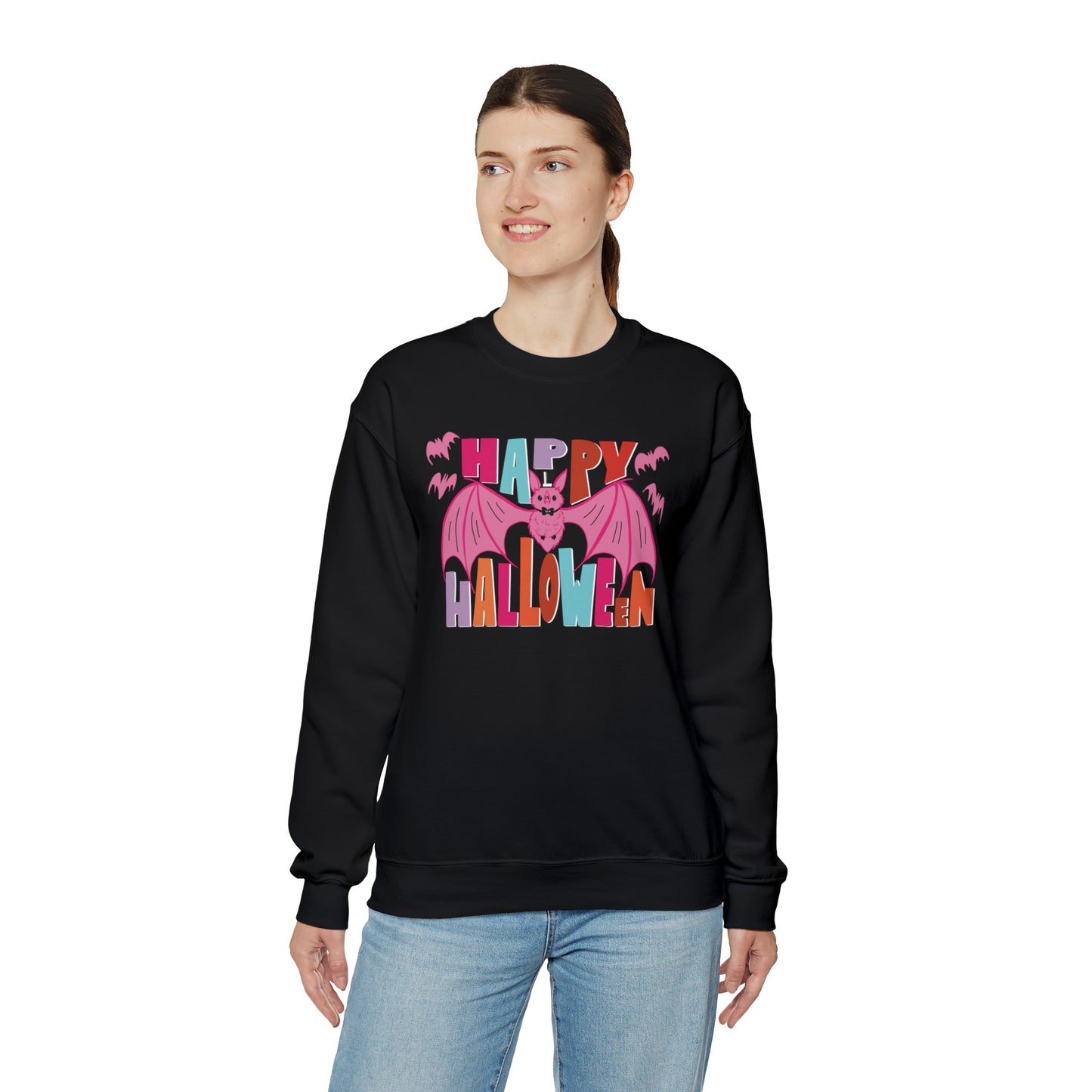 Happy Halloween Crewneck Sweater / Pink Bat Sweatshirt / Pink Halloween Batty Crewneck Sweater