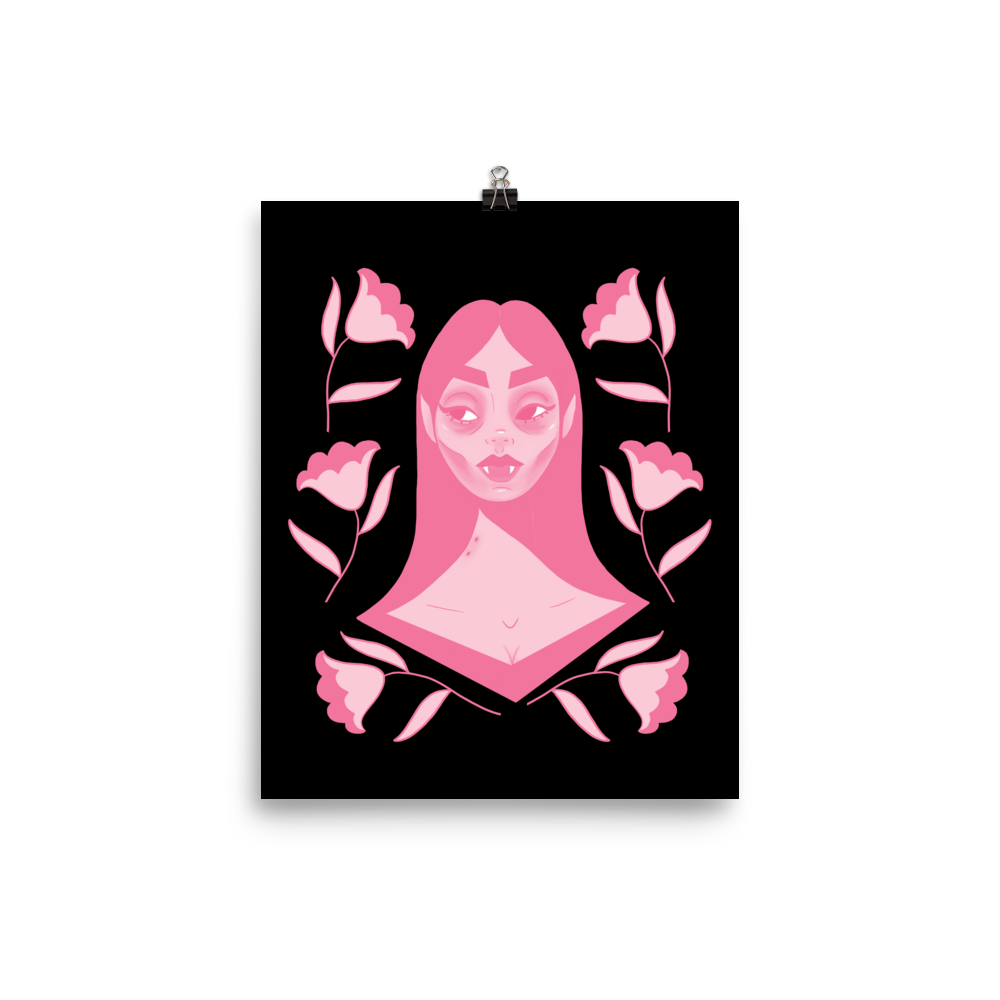"Bitten & Smitten" Art Print / 5X7 / 8X10 / Black Background / Pink Vampire Art