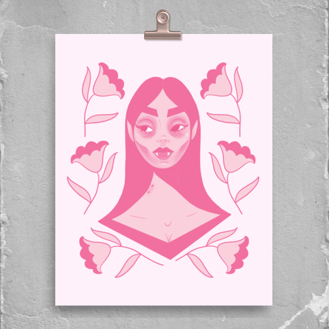 "Bitten & Smitten" Art Print / 5X7 / 8X10 / Pink Background / Pink Vampire Art