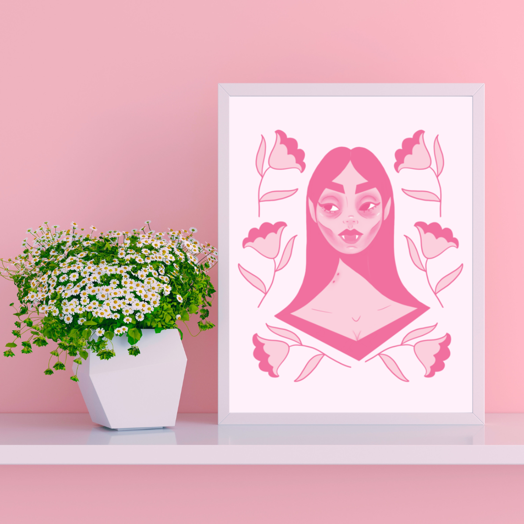 "Bitten & Smitten" Art Print / 5X7 / 8X10 / Pink Background / Pink Vampire Art