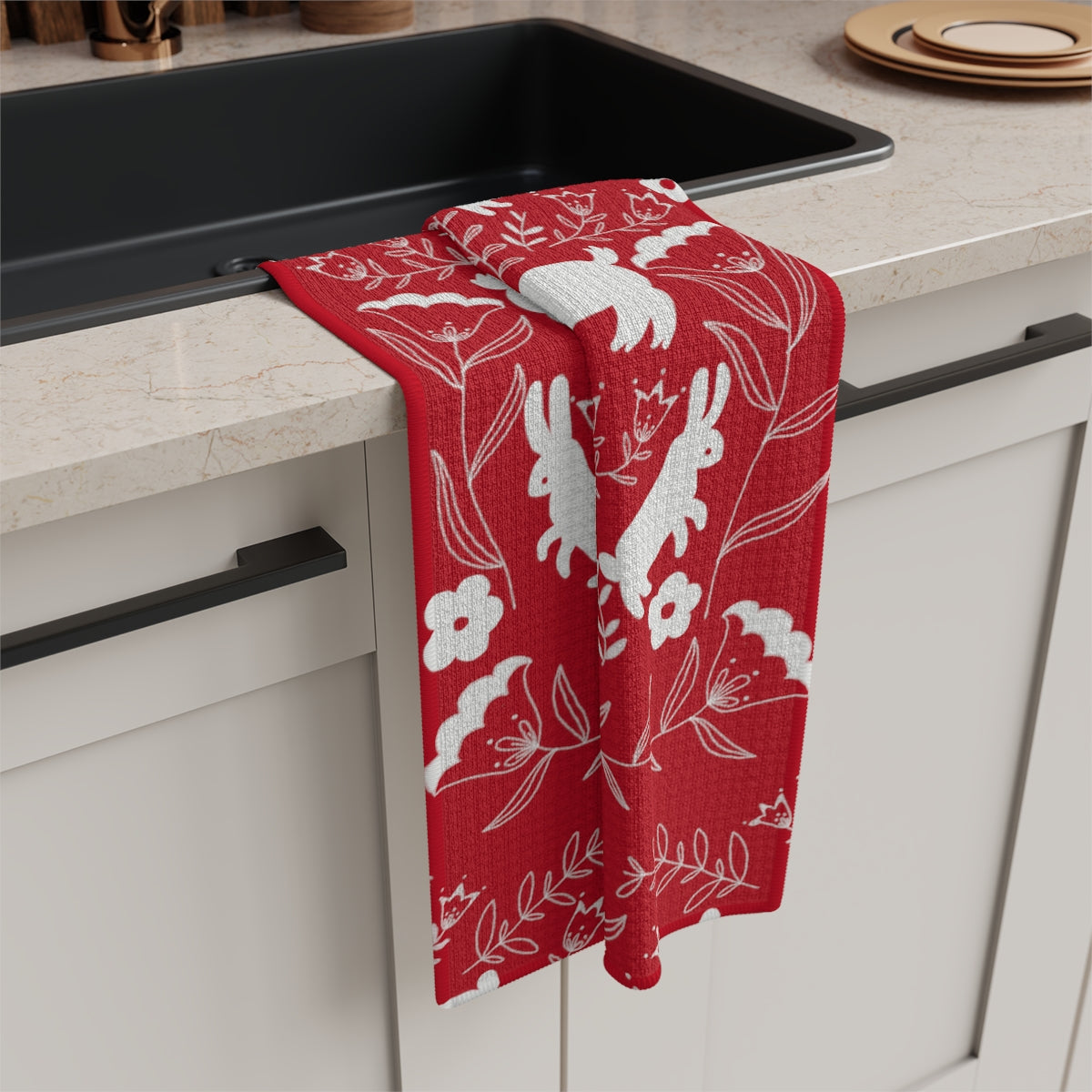 Cute Critters Kitchen Tea Towel in Red / Christmas Towels