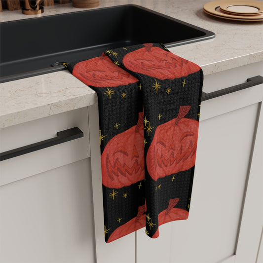 Grinning Pumpkin Tea Towel in Black / Halloween Home Decor