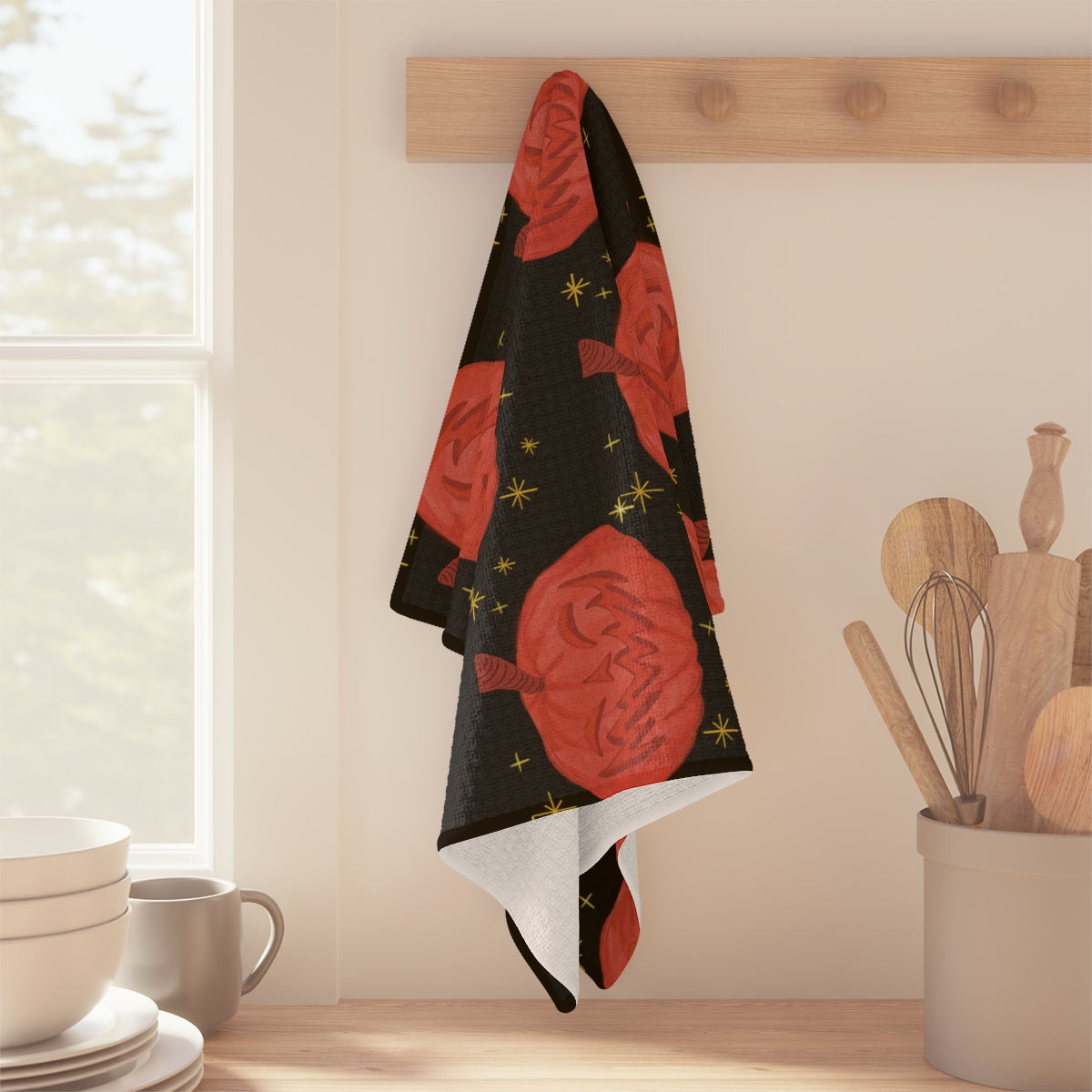 Grinning Pumpkin Tea Towel in Black / Halloween Home Decor
