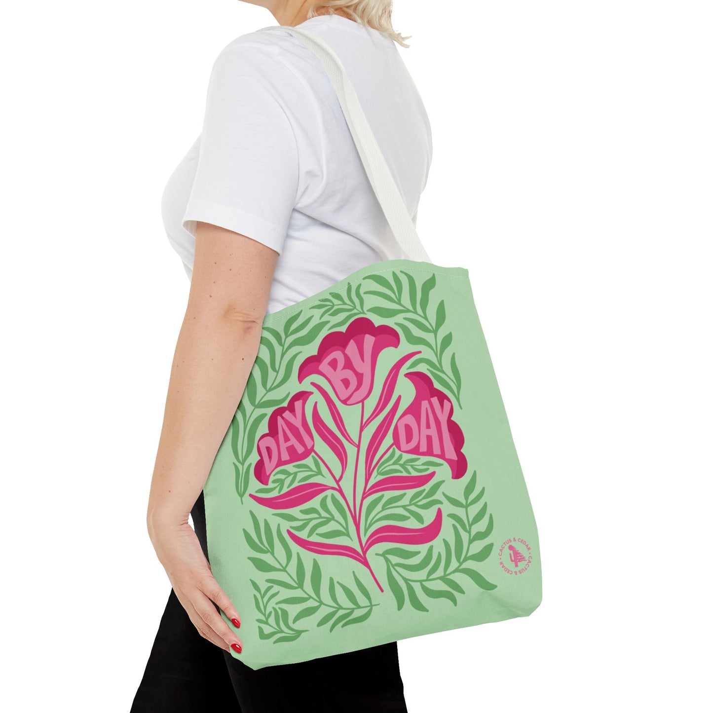 Day By Day Floral Tote Bag – Green & Pink Botanical Tote Bag