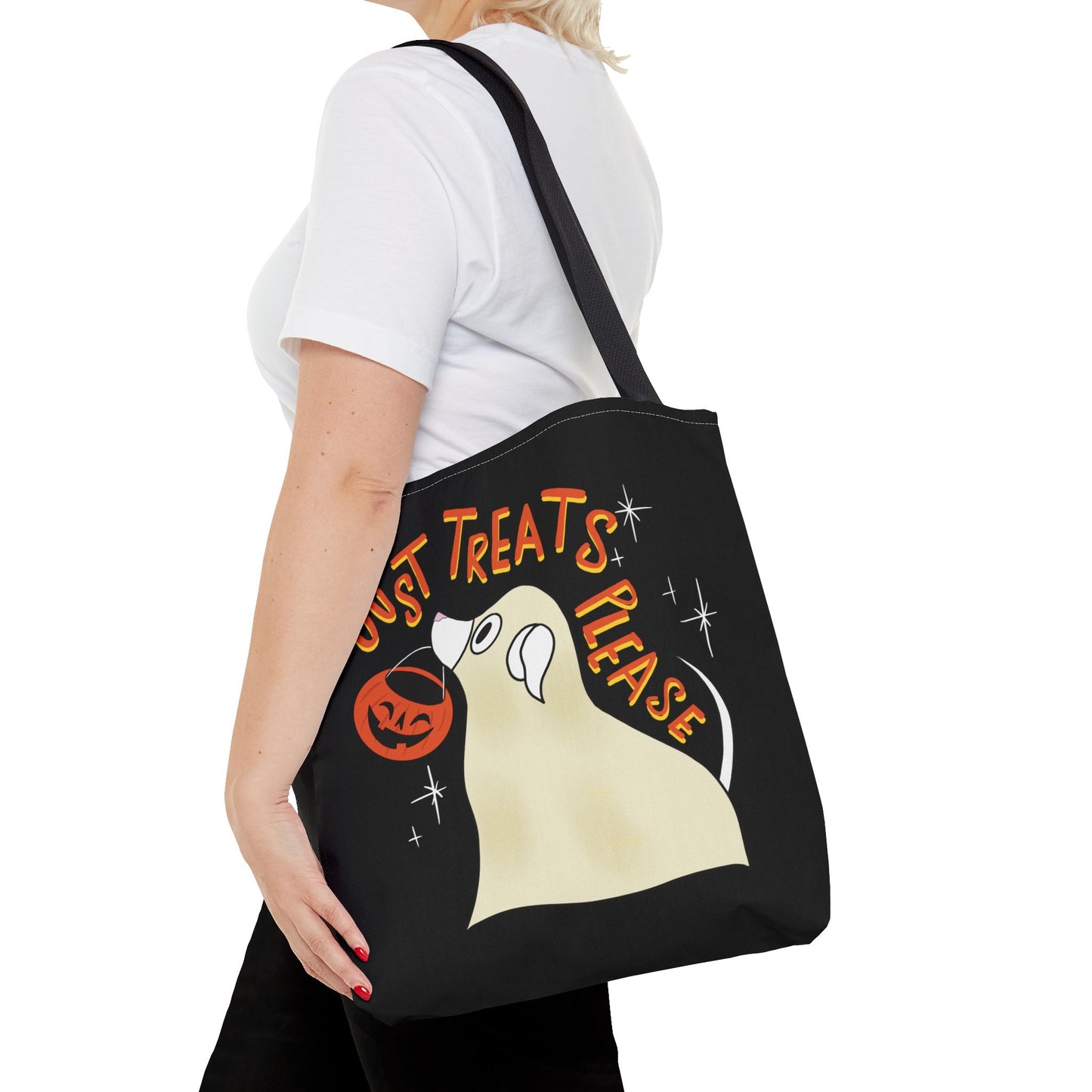 "Just Treats Please" Tote Bag / Ghost Dog Tote Bag / Trick or Treat Bag / Halloween Tote Bag