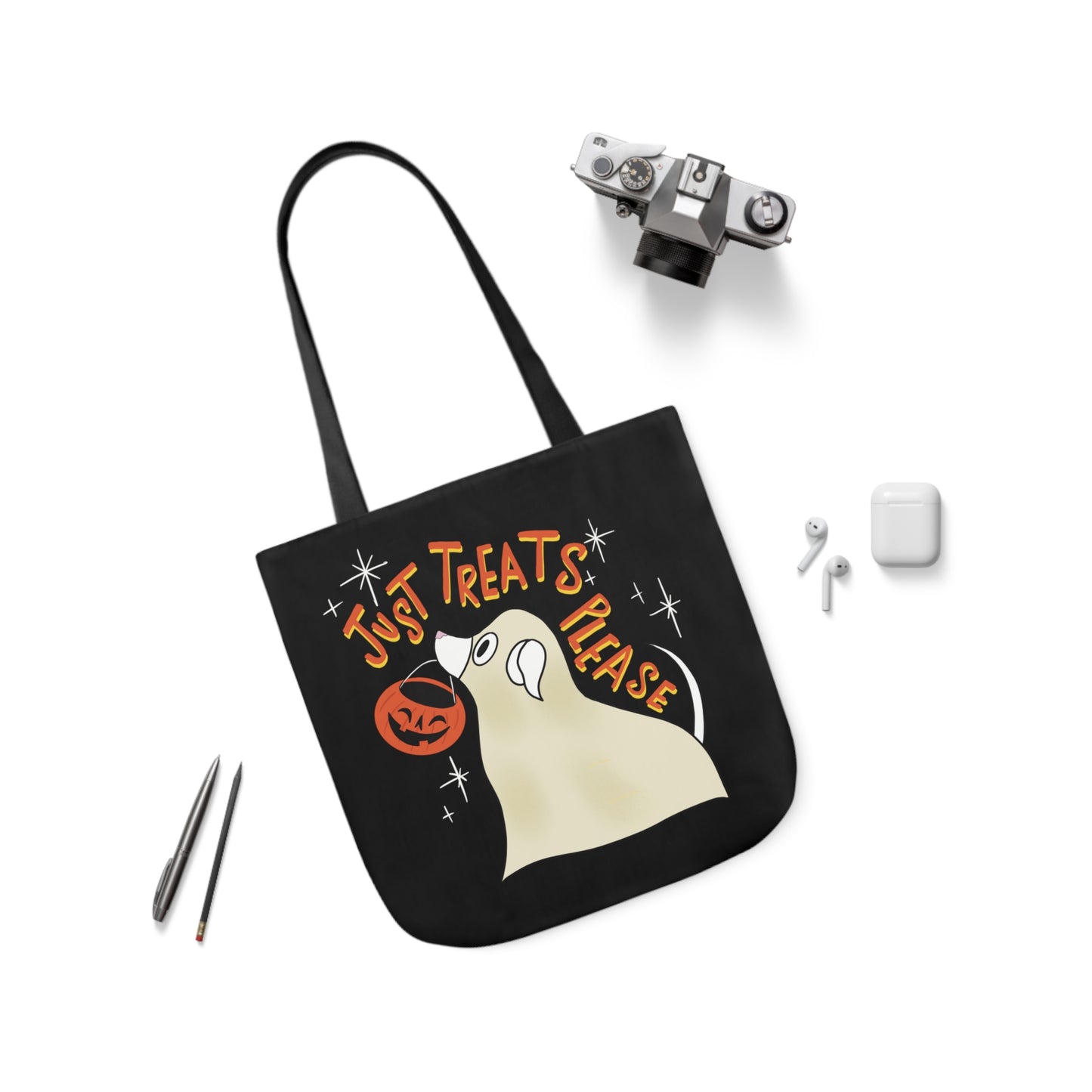 "Just Treats Please" Tote Bag / Ghost Dog Tote Bag / Trick or Treat Bag / Halloween Tote Bag