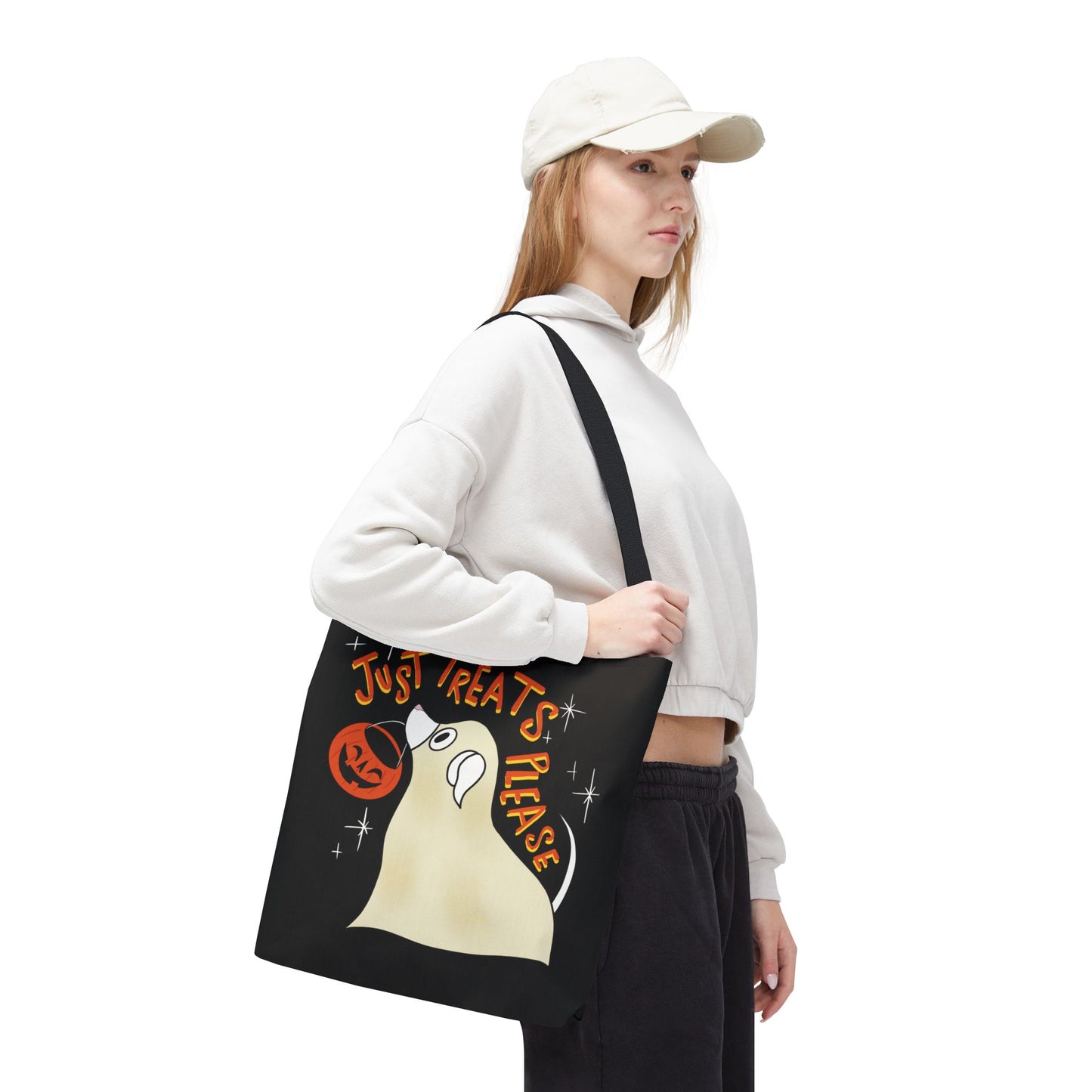 "Just Treats Please" Tote Bag / Ghost Dog Tote Bag / Trick or Treat Bag / Halloween Tote Bag