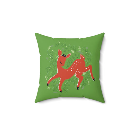Deer Santa Square Pillow in Garland Green