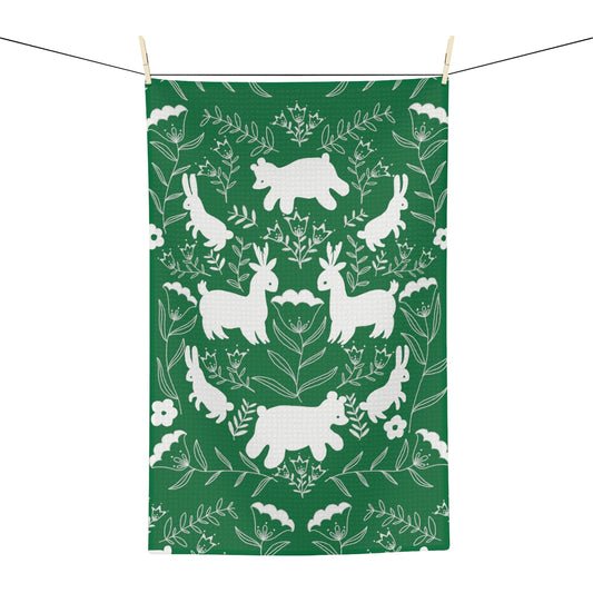 Cute Critters Kitchen Tea Towel in Green / Christmas Towels