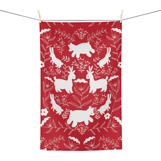 Cute Critters Kitchen Tea Towel in Red / Christmas Towels